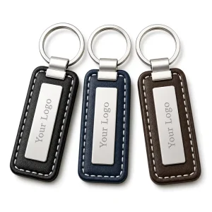Custom Genuine Leather Keychain With Metal Logo Plate Personalized Cowhide Business Gift Car Key Ring Low MOQ