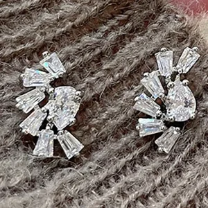 Custom Geometry Irregular Design Crystal Zircon Earrings for Women, Silver Plated CZ Stud Earrings