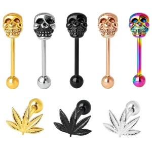 Custom Gold Plated Leaf Skull Tongue Piercing Jewelry Hypoallergenic Stainless Steel Tongue Ring Fashion Body Jewelry