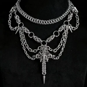 Custom Handcrafted Stainless Steel Necklace with Gothic Multi Layered Metal Cone Pendant Punk and HipHop Fashion Forward Jewelry