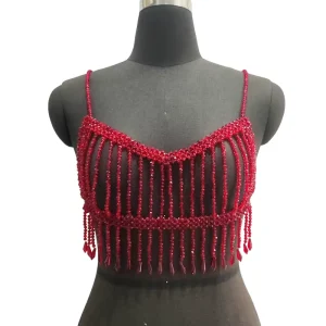Custom Handmade Festival Top Women Pearl Beads Crop Top Statement Wear Belly Dance With Fringe Red Crystal Beaded Bralette