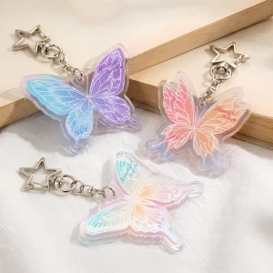 Custom Holographic Acrylic Keychain Double Sided Offset Printing Rainbow Butterfly Shape Clear Charm Personalized Gift