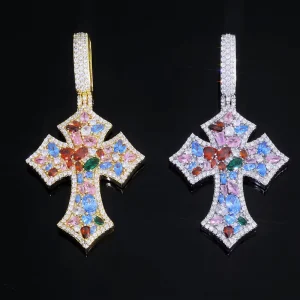 Custom Iced Rhombic Cross Pendant Necklace Brass Multicolor Zircon Micro Paved Rainbow CZ Geometric Jewelry for Men