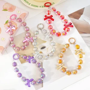 Custom Iridescent Star Beaded Keychain Cute Bowknot Phone Chain Acrylic Wristlet Bag Charm for Women Girls Gift