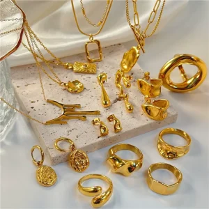 Custom Irregular Texture Design Chunky Earrings Necklace Rings 18K PVD Gold Plated Stainless Steel Jewelry Set