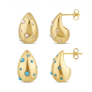 Custom Jewelry 18K Gold Plated Pearl Turquoise Stud Earrings Vintage Teardrop Statement Earrings Fashion Jewelry