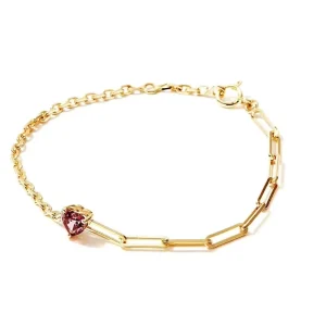 Custom Jewelry 925 Silver Classic Style Cable Chain Link Heart-cut Rhodolite Charm Red CZ Stone Bracelet for Girls Women