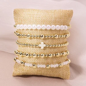 Custom Jewelry Cross Charm Pearl Metal Bead Stretch Stackable Beaded Bracelet Set for Religious Layering Styling Fashion Jewelry