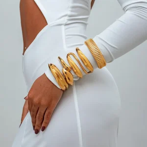 Custom Jewelry Manufacturer Waterproof Trendy Chunky Gold Cuff Bracelet Stainless Steel 18K Gold Plated Women Fashion Bangles