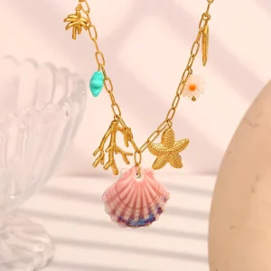 Custom Jewelry Stainless Steel Non-Fading Starfish Shell Pendant Gold Pearl Inlay Necklace