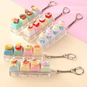 Custom Kawaii 4 Keys Cute 3D Food Dessert Keycap Mechanical Switch Clicker Clear Base Stress Relief Keyboard Fidget Keychain Toy