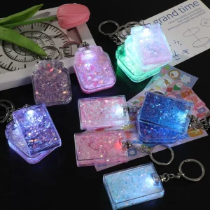 Custom LOGO UV Printing Flexible DIY Sticker LED Shiny Light Multicolor Quicksand Glitter Acrylic Liquid Keychain