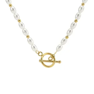 Custom Latest Design Female Costume Jewelry Supplies Popular Brands Stainless Steel OT Buckle Pearl Necklace