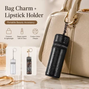 Custom Lipstick Case Keychain Textured PU Leather Bag Pendant with Ring Clip and Zipper Leather Keychain
