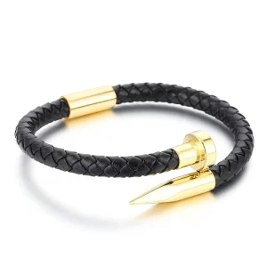 Custom Logo 18K Gold Stainless Steel Magnetic Clasp Nail Cow Leather Braided Bracelets Low MOQ Men’s Fashion Bangles