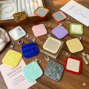Custom Logo Acrylic Mirror Keychain Personalized Marble Texture Pocket Mirror Keyring for Gift