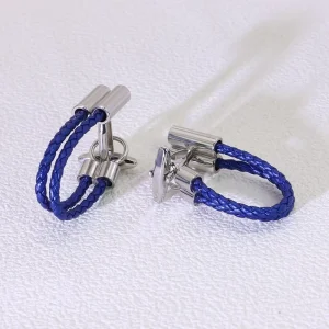 Custom Logo Blue Double Strand Leather Cufflinks Stainless Steel Rustproof Cufflinks for Men Wedding Business Corporate Gift