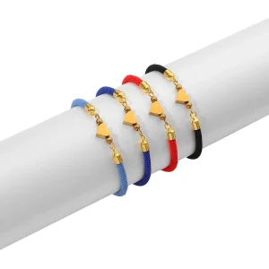Custom Logo Colorful Adjustable Stainless Steel Gold Bead Heart Charm Rope Bracelet for Couple