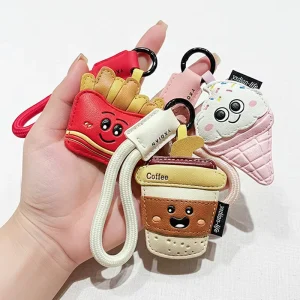 Custom Logo Cute Food Faux Leather Keychain PU Leather Key Ring Bag Charm French Fries Coffee Ice Cream Gift OEM