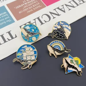 Custom Logo Metal Lapel Pins for Backpacks Dreamy Whale Sea Ship Badges Fashionable Enamel Brooch for Denim Jackets
