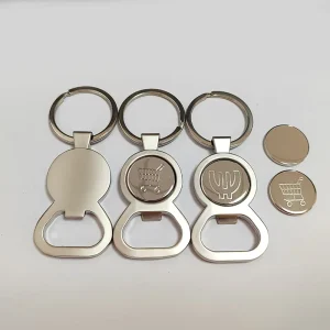 Custom Logo Metal Trolley Coin Keychain Shopping Cart Token Holder Keyring Supermarket Gift Beer Bottle Opener Euro Promotional
