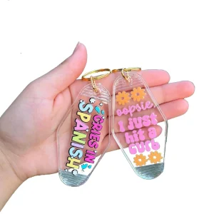Custom Logo Promotional Blank Retro Motel Keychain Plastic Hotel Key Chain Transparent Charm Name Tags