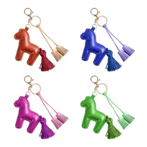 Custom Logo Promotional Gift 3D Horse Keychain PU Faux Leather Key Chains Ring DIY Bag Accessories Charms for Luggage