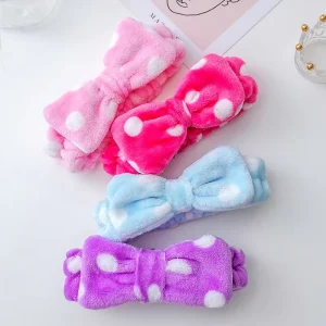Custom Logo Unisex Soft Plush Polka Dot Bow Handmade Fashion Facial Headband 14cm Wide Elastic Skincare Makeup Spa