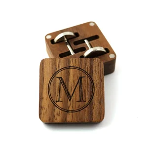 Custom Logo Walnut Solid Wooden Cuff Links Cufflinks With Wood Gift Box Set For Men Husband Father Wedding Anniversary Birthday