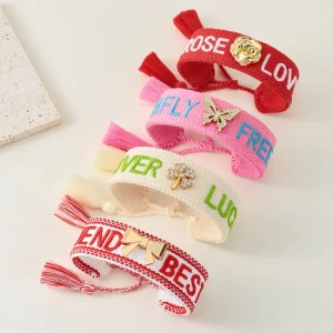 Custom Logo Woven Bracelet Friendship Adjustable Handmade Polyester Tassels Embroidery Women’s Bracelet