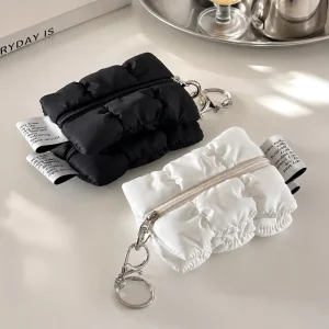 Custom Logo Zipper Closure Small Nylon Puffy Cosmetic Bag Mini Quilted Makeup Pouch With Keychain Padded Cloud For Women