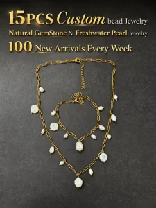 Custom Low MOQ Everyday Natural Stone Gold Plated Stainless Steel Freshwater Baroque Pearl Bead Necklace Set for Gift Shops