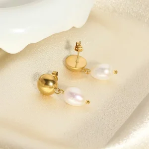 Custom Luxury Gold Matte Ball Baroque Pearl Drop Jewelry 316L Stainless Steel Dainty Elegant Daily Stud Earrings for Women