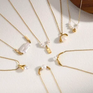 Custom Luxury Women Gold Baroque Pearl Square Bead Layering Necklace 316L Stainless Steel Box Chain Minimalist Daily Jewelry