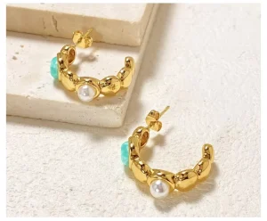 Custom Luxury Women Gold Bean C Hoop Earrings Natural Stone Pearl Inlaid 316L Stainless Steel Retro Daily Statement Jewelry