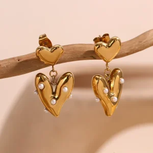 Custom Luxury Women Gold Double Heart Drop Earrings Mini Pearl Embellished 316L Stainless Steel Dainty Romantic Daily Jewelry