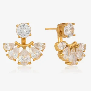 Custom Luxury Women Gold Fan Multi Zircon Front Back Two Way Wear Stud Earrings 316L Stainless Steel Wedding Jewelry