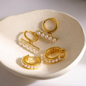 Custom Luxury Women Gold Pearl Baguette Zircon Huggie Hoop Earrings 316L Stainless Steel Two Styles Daily Stack Jewelry