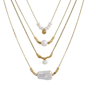 Custom Luxury Women Gold Plated Irregular Pearl Multi Layer Pendant Necklace 316L Stainless Steel Dainty Chain Choker Jewelry