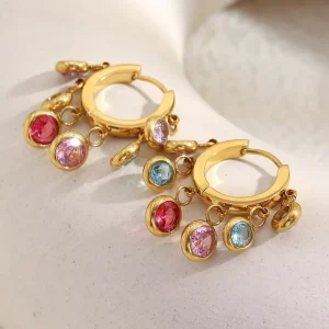 Custom Luxury Women Gold Triple Rainbow Multicolor CZ Drop Huggie Earrings 316L Stainless Steel