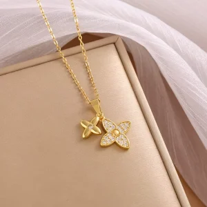 Custom Luxury Women Gold Two Tone Double Clover Zircon Pendant Necklace 316L Stainless Steel Dainty Link Chain Choker Jewelry