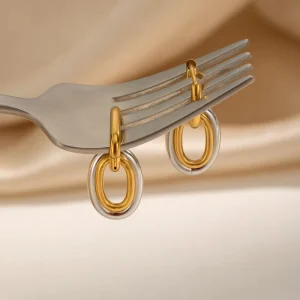 Custom Luxury Women Two Tone Gold Double Oval Interlock Huggie Hoop Earrings Fashion 316L Stainless Steel Minimalist Jewelry