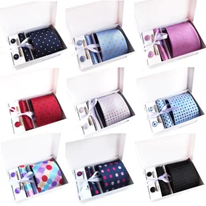 Custom Men Ties and Hanky Set Fashion Dot Neckties With Pocket Squares Tie Clip Pocket Square and Cufflink Set Gift Box