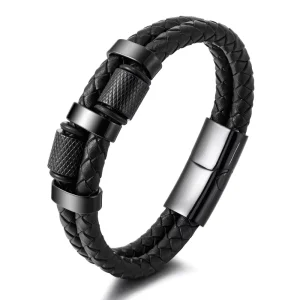 Custom Men’s Braided Leather Bracelet with Black Stainless Steel Clasp Personalized Engraved Woven Wristband