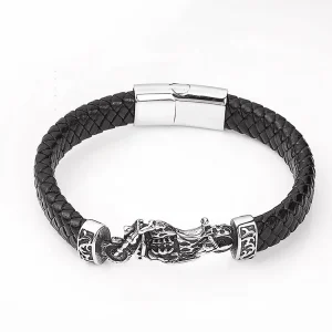 Custom Men’s Gothic Punk Motorbike Stainless Steel Black Leather Cuff Bracelet