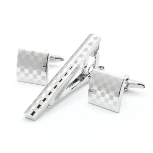 Custom Men’s Silver Mosaic Cufflinks Tie Clip Set Fashion Accessory for Suit Shirt Wedding Tuxedo & Trendy Tie Bar Pin