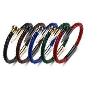 Custom Men’s Stainless Steel Nail Magnetic Clasp Braided Leather Bracelet