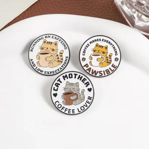 Custom Metal Cat Enamel Pin Cute Animal Coffee Lapel Pins Badges No MOQ Source Factory Bulk Cartoon Brooches for Gift