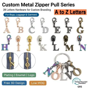 Custom Metal Letter Charm Zipper Puller Custom Zipper Pull Custom Logo Zipper Slider Zipper Head for Bag Purse Jacket Garment