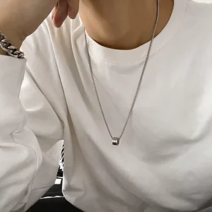 Custom Minimalist Men Women Silver Grooved Cylinder Pendant Necklace Aretes Acero Inoxidable Box Chain Street Daily Jewelry